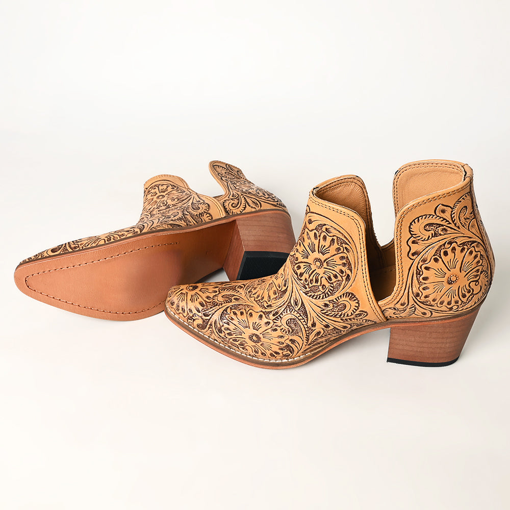 LC-ADFT165 Women's Tan Tooled Leather Western Ankle Boots - American Darling Cowgirl Booties