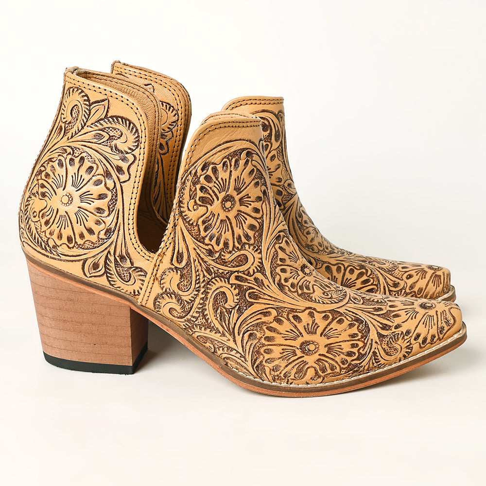 LC-ADFT165 Women's Tan Tooled Leather Western Ankle Boots - American Darling Cowgirl Booties