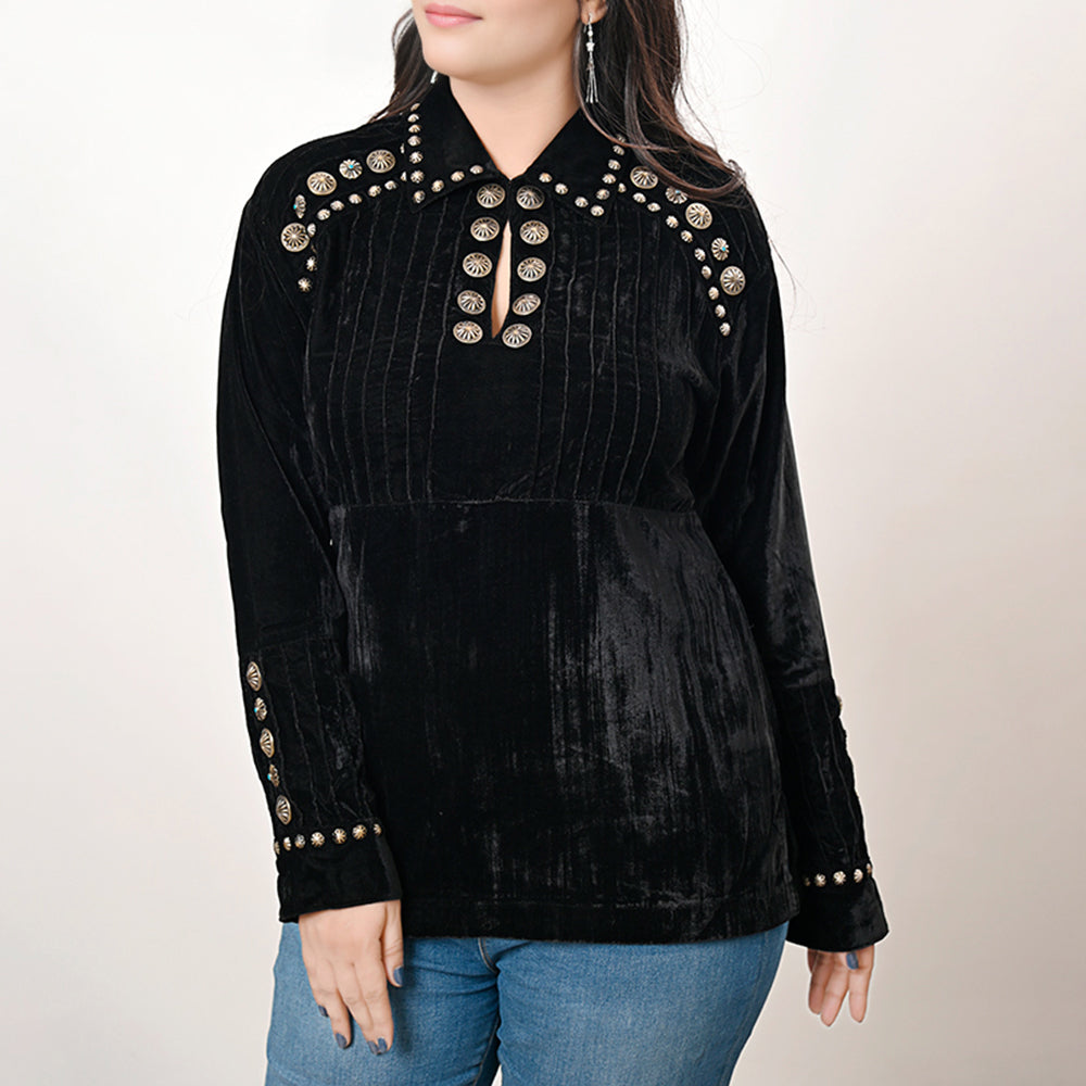 ADSH029 Women's Western Black Velvet Shirt Dress Tunic Ladies Girl Top with Antique Concho Accents