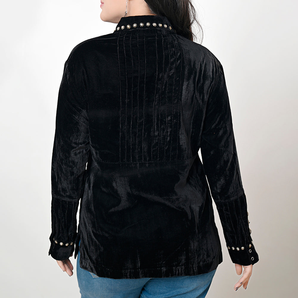 ADSH029 Women's Western Black Velvet Shirt Dress Tunic Ladies Girl Top with Antique Concho Accents