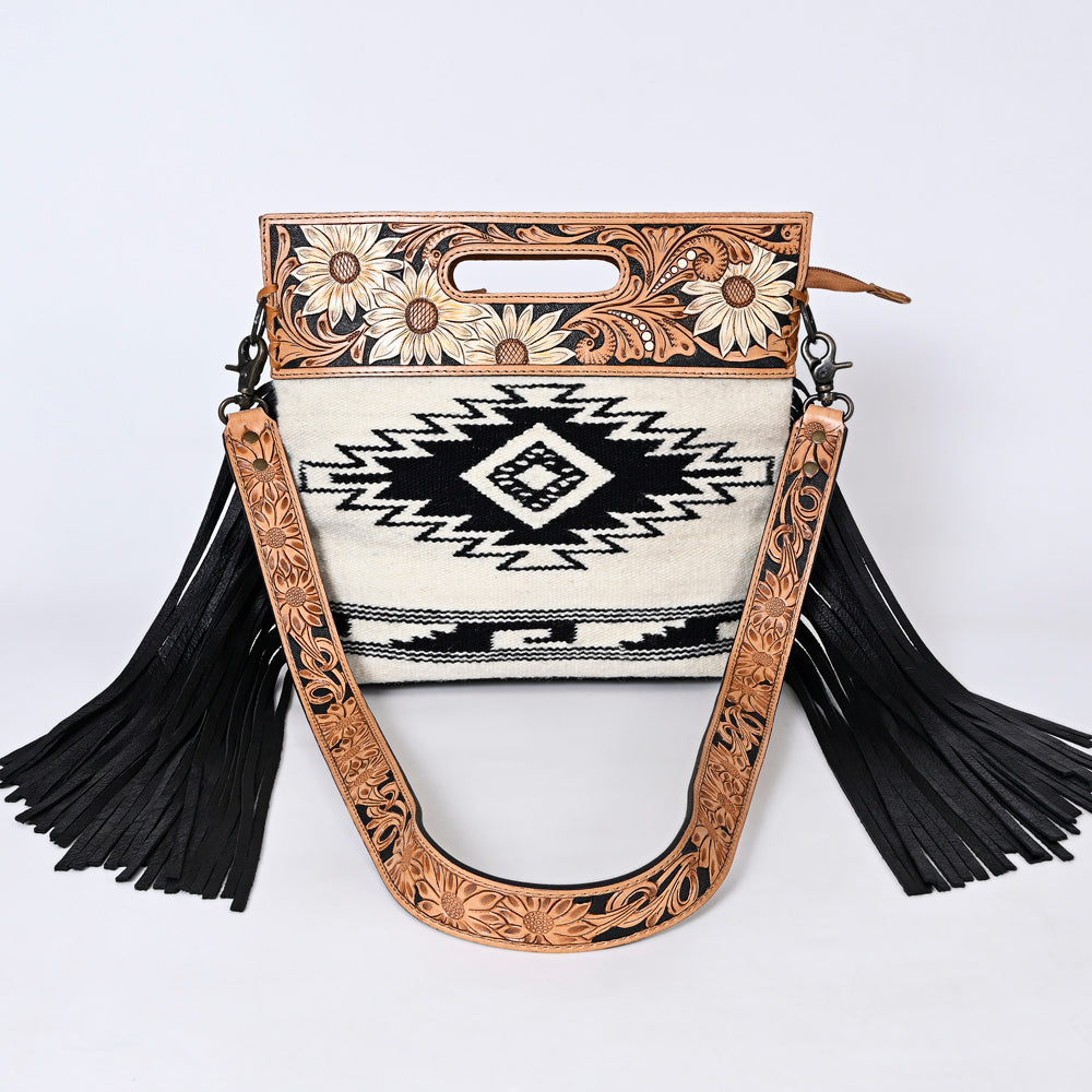 ADBGS146 Aztec Wool & Tooled Leather Shoulder Bag - Western Fringe Crossbody