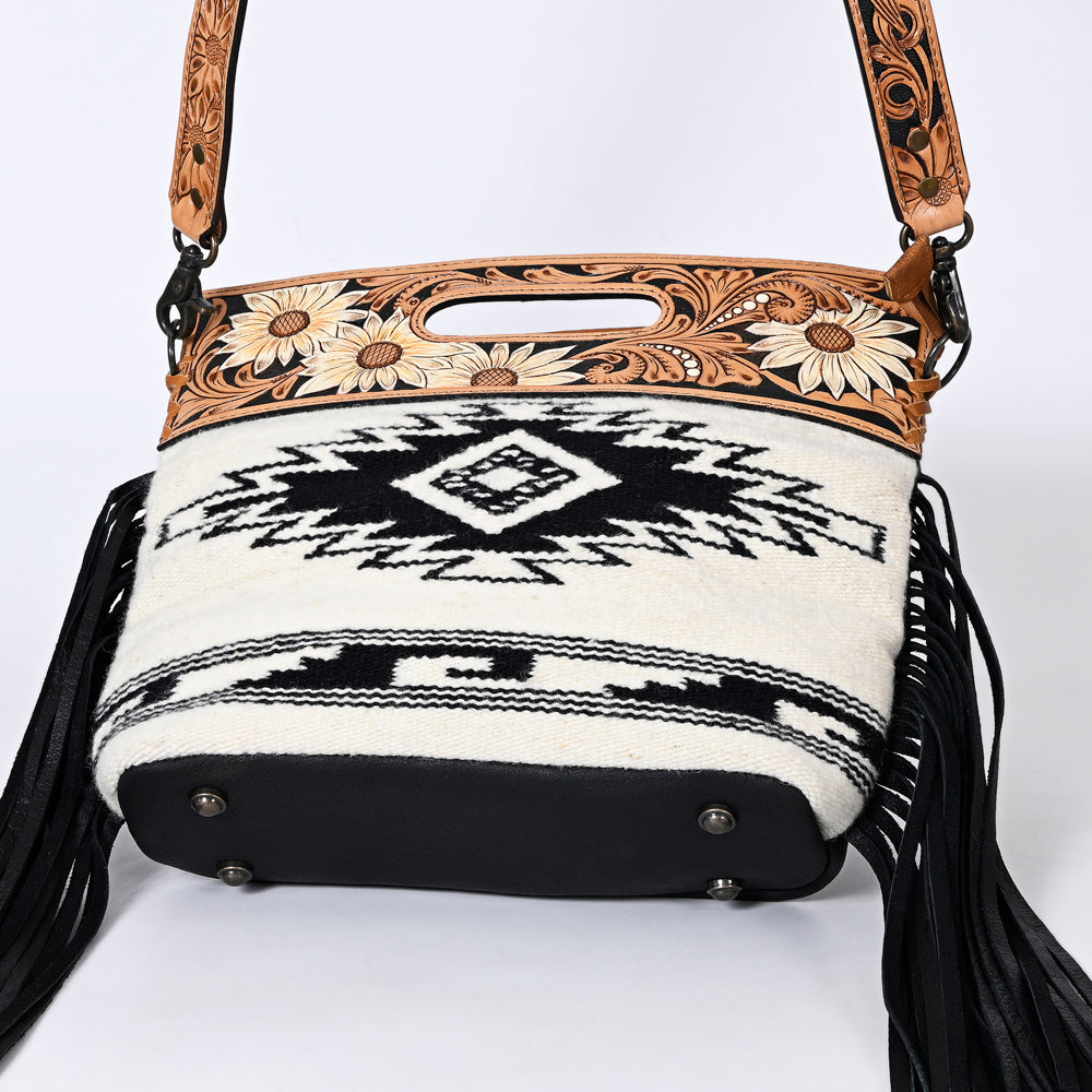 ADBGS146 Aztec Wool & Tooled Leather Shoulder Bag - Western Fringe Crossbody