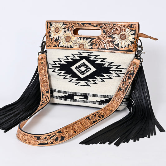 ADBGS146 Aztec Wool & Tooled Leather Shoulder Bag - Western Fringe Crossbody