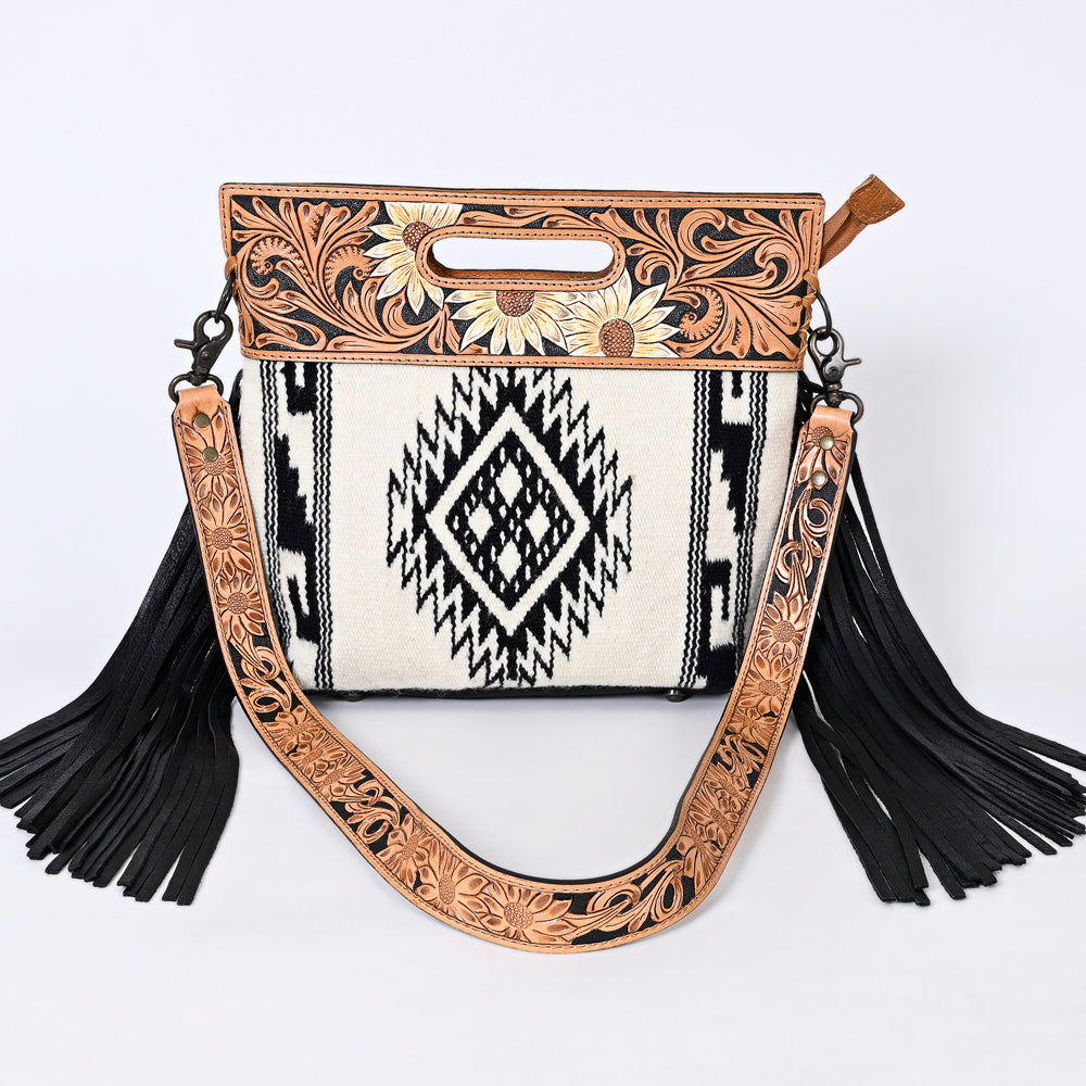 ADBGS146 Aztec Wool & Tooled Leather Shoulder Bag - Western Fringe Crossbody