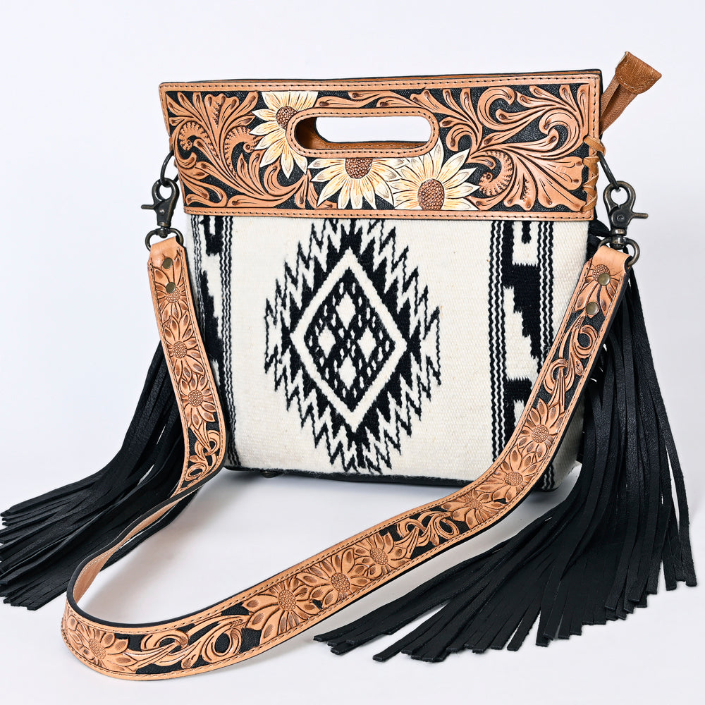 ADBGS146 Aztec Wool & Tooled Leather Shoulder Bag - Western Fringe Crossbody
