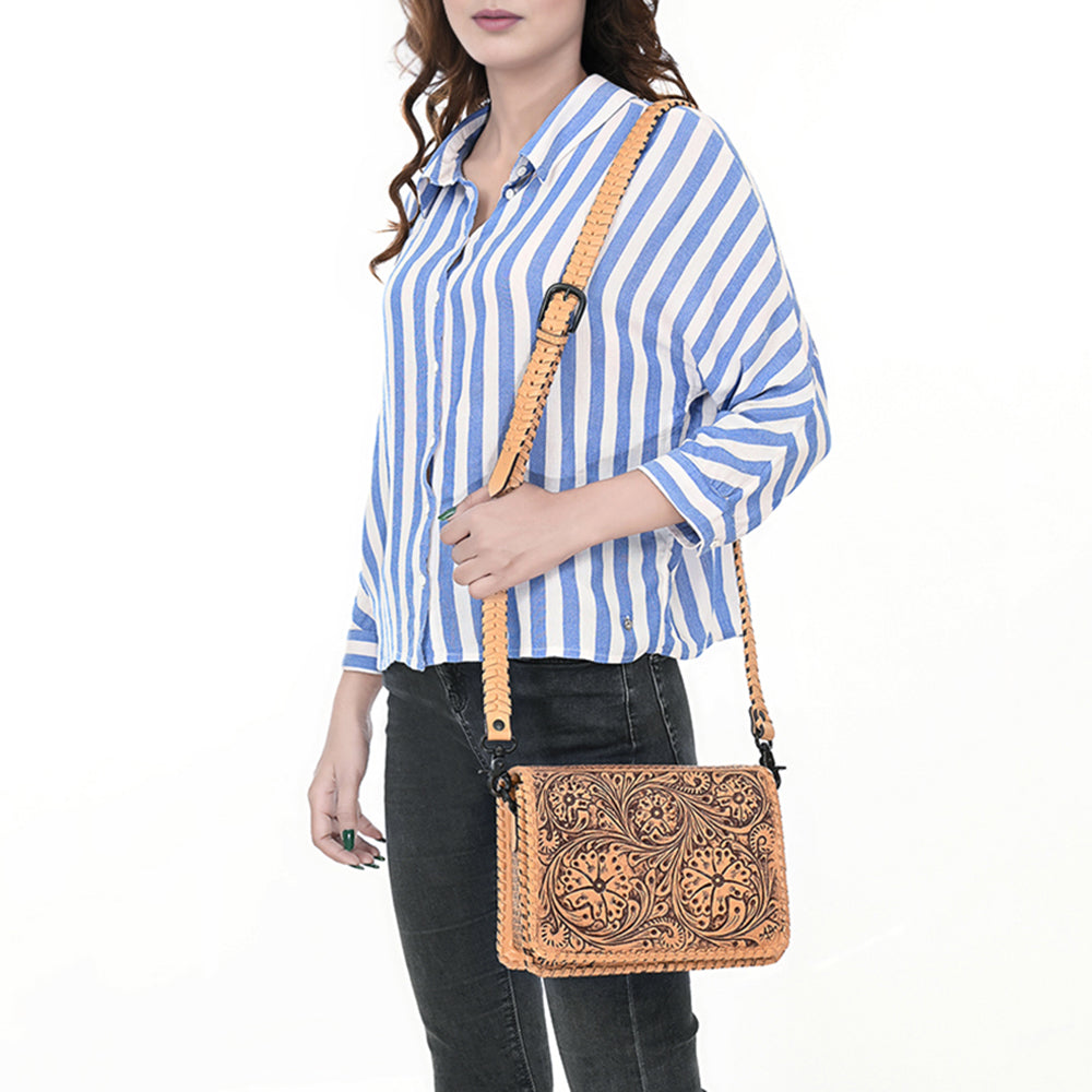 ADBGZ751 Hand Tooled Leather Crossbody Bag - Western Floral Whipstitch Sling
