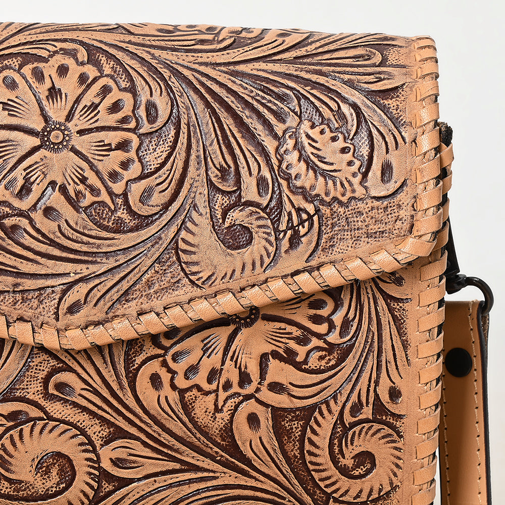 ADBGZ752 Natural Hand Tooled Leather Wallet Bag - Western Floral Whipstitch Purse