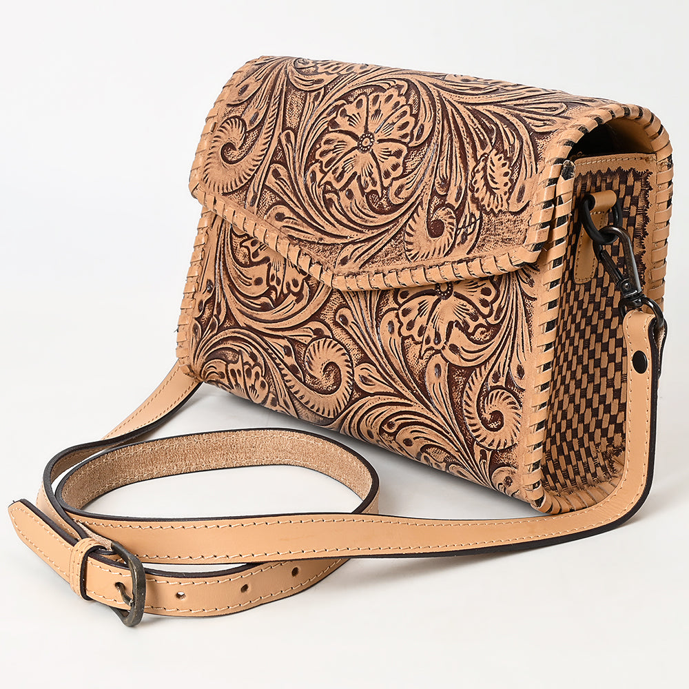 ADBGZ752 Natural Hand Tooled Leather Wallet Bag - Western Floral Whipstitch Purse