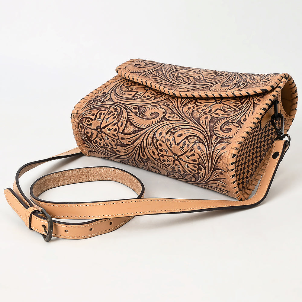 ADBGZ752 Natural Hand Tooled Leather Wallet Bag - Western Floral Whipstitch Purse
