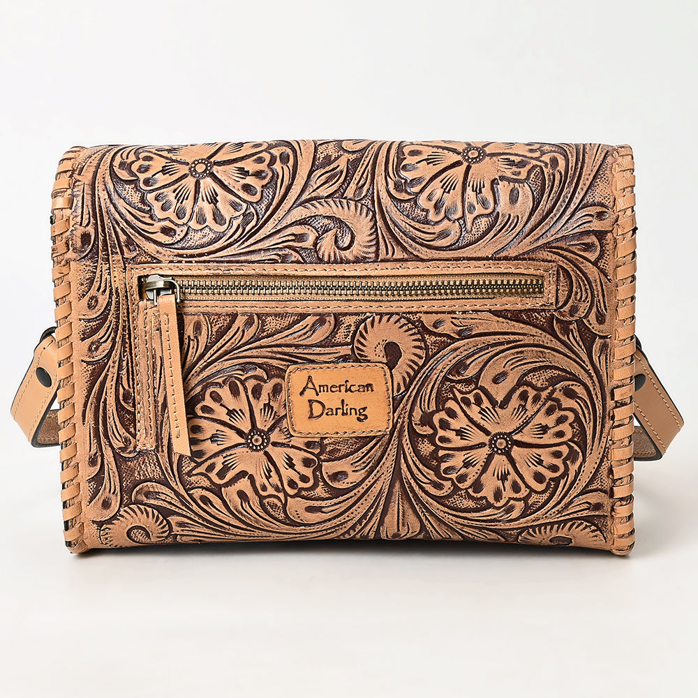 ADBGZ752 Natural Hand Tooled Leather Wallet Bag - Western Floral Whipstitch Purse
