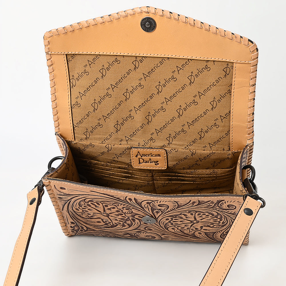 ADBGZ752 Natural Hand Tooled Leather Wallet Bag - Western Floral Whipstitch Purse