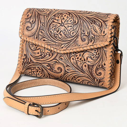 ADBGZ752 Natural Hand Tooled Leather Wallet Bag - Western Floral Whipstitch Purse