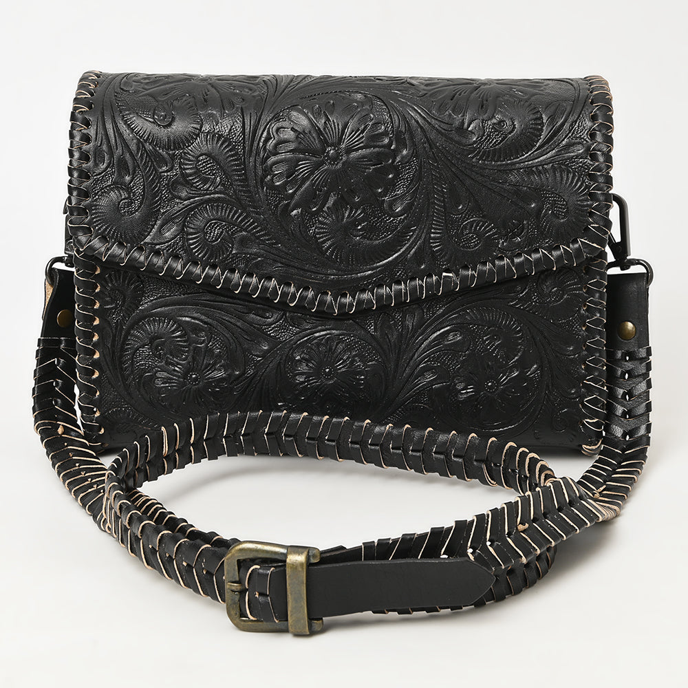 ADBGZ752B Black Hand Tooled Leather Wallet Bag - Western Floral Whipstitch Purse
