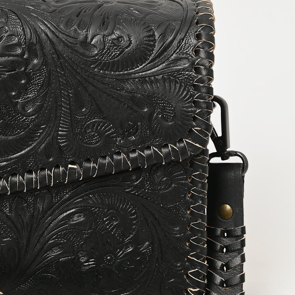 ADBGZ752B Black Hand Tooled Leather Wallet Bag - Western Floral Whipstitch Purse