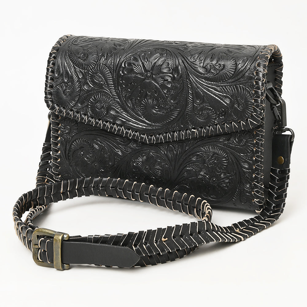 ADBGZ752B Black Hand Tooled Leather Wallet Bag - Western Floral Whipstitch Purse
