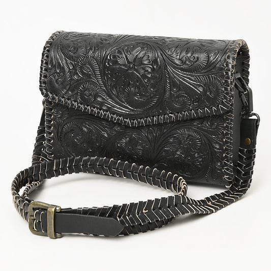 ADBGZ752B Black Hand Tooled Leather Wallet Bag - Western Floral Whipstitch Purse