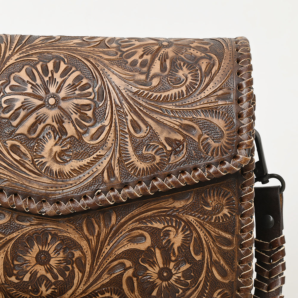 ADBGZ752 Natural Hand Tooled Leather Wallet Bag - Western Floral Whipstitch Purse