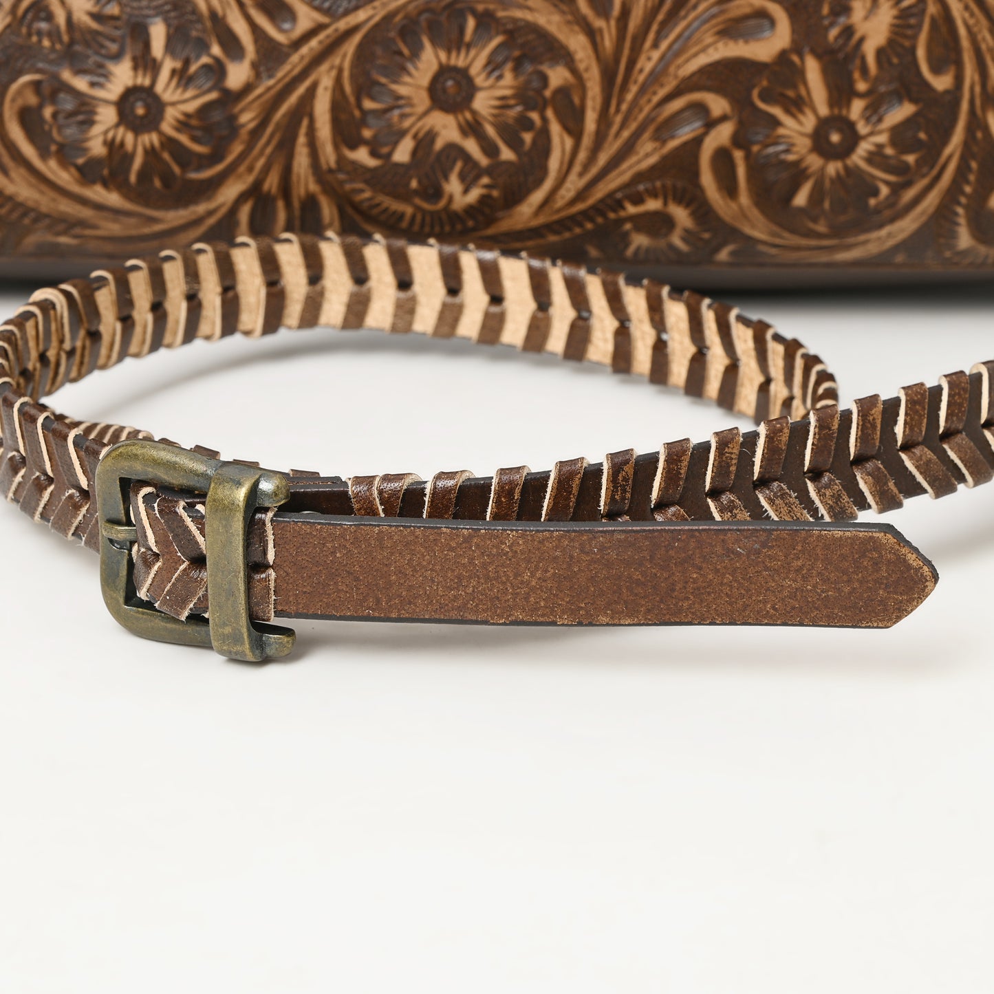 ADBGZ752 Natural Hand Tooled Leather Wallet Bag - Western Floral Whipstitch Purse