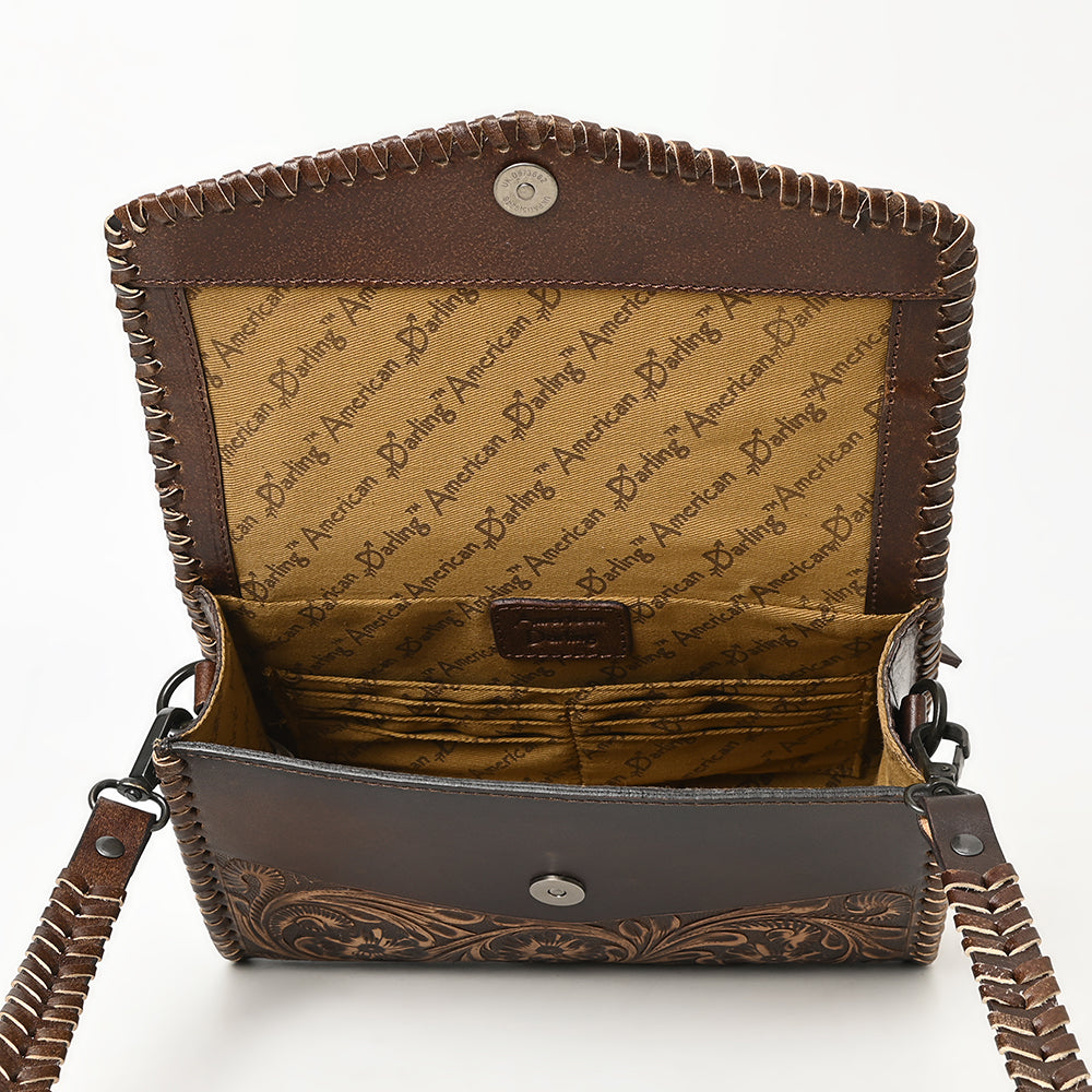 ADBGZ752 Natural Hand Tooled Leather Wallet Bag - Western Floral Whipstitch Purse