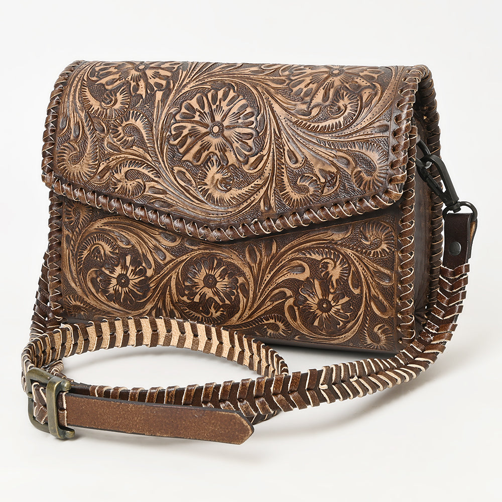ADBGZ752 Natural Hand Tooled Leather Wallet Bag - Western Floral Whipstitch Purse