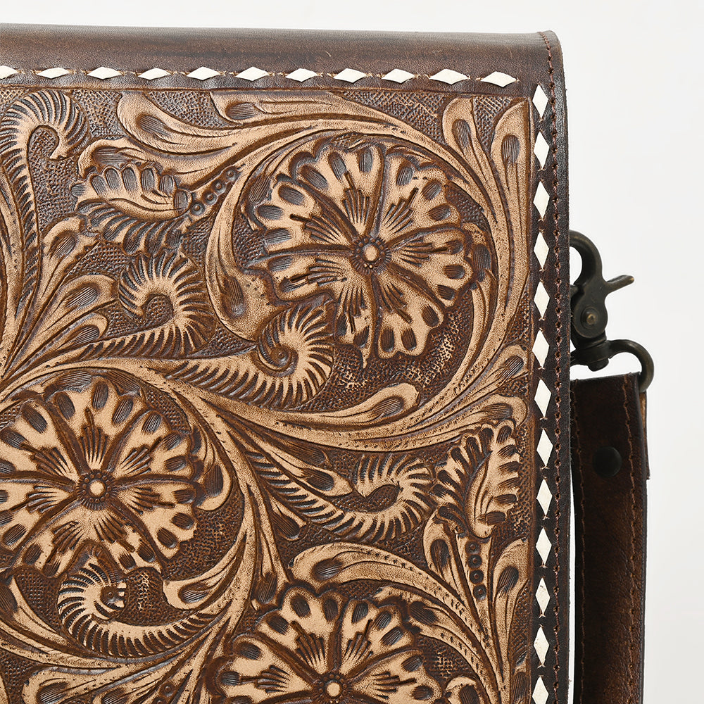 ADBGZ753 Square Hand Tooled Leather Crossbody Bag - Western Floral White Whipstitch Trim