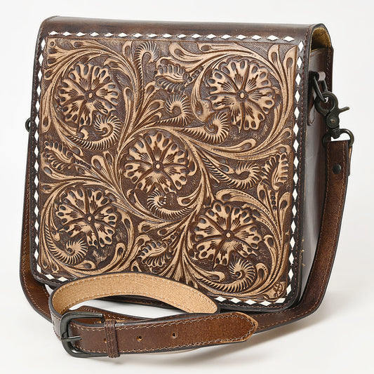 ADBGZ753 Square Hand Tooled Leather Crossbody Bag - Western Floral White Whipstitch Trim
