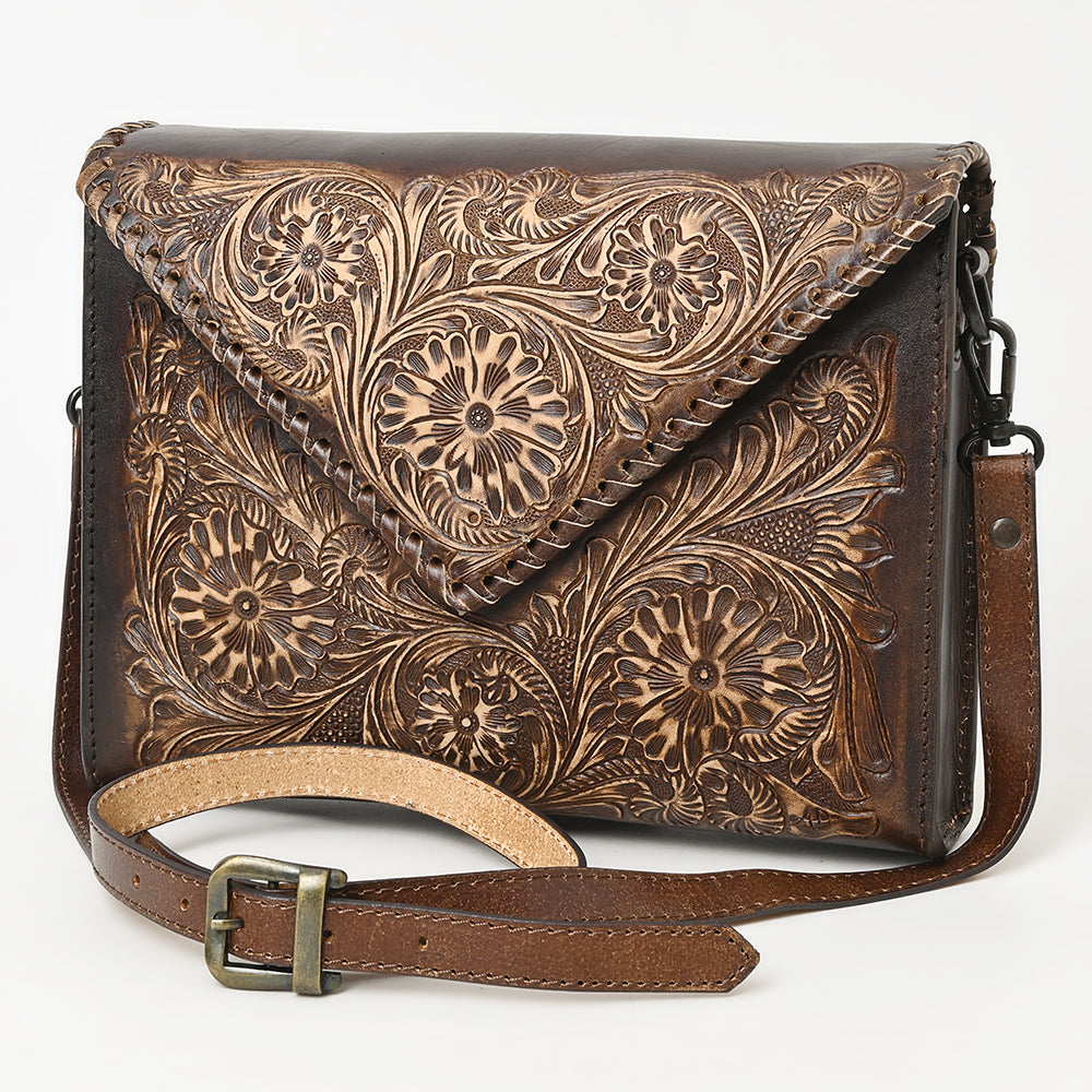 ADBGZ754 Envelope Hand Tooled Leather Wallet Bag - Western Floral Whipstitch Purse