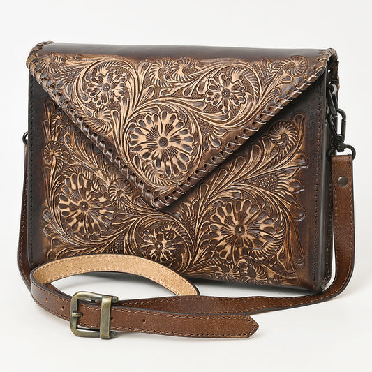 ADBGZ754 Envelope Hand Tooled Leather Wallet Bag - Western Floral Whipstitch Purse