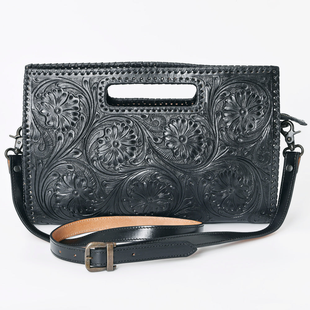 ADBGZ755B Black Hand Tooled Leather Clutch Wallet - Western Floral Cutout Handle Purse