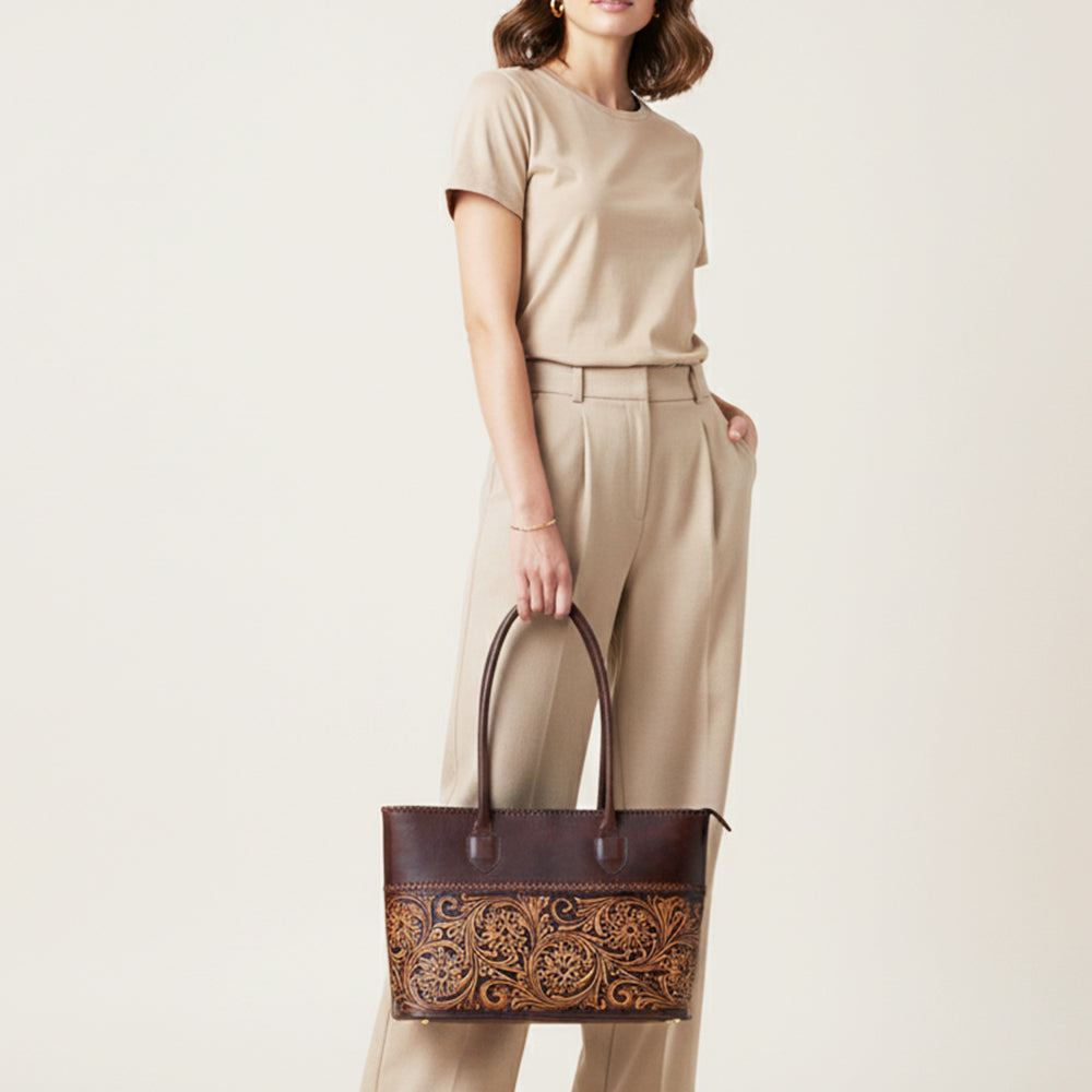 ADBGZ756 Tall Hand Tooled Leather Tote Bag - Western Floral Half-Tooled Cowgirl Purse