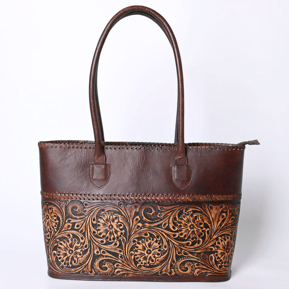 ADBGZ756 Tall Hand Tooled Leather Tote Bag - Western Floral Half-Tooled Cowgirl Purse