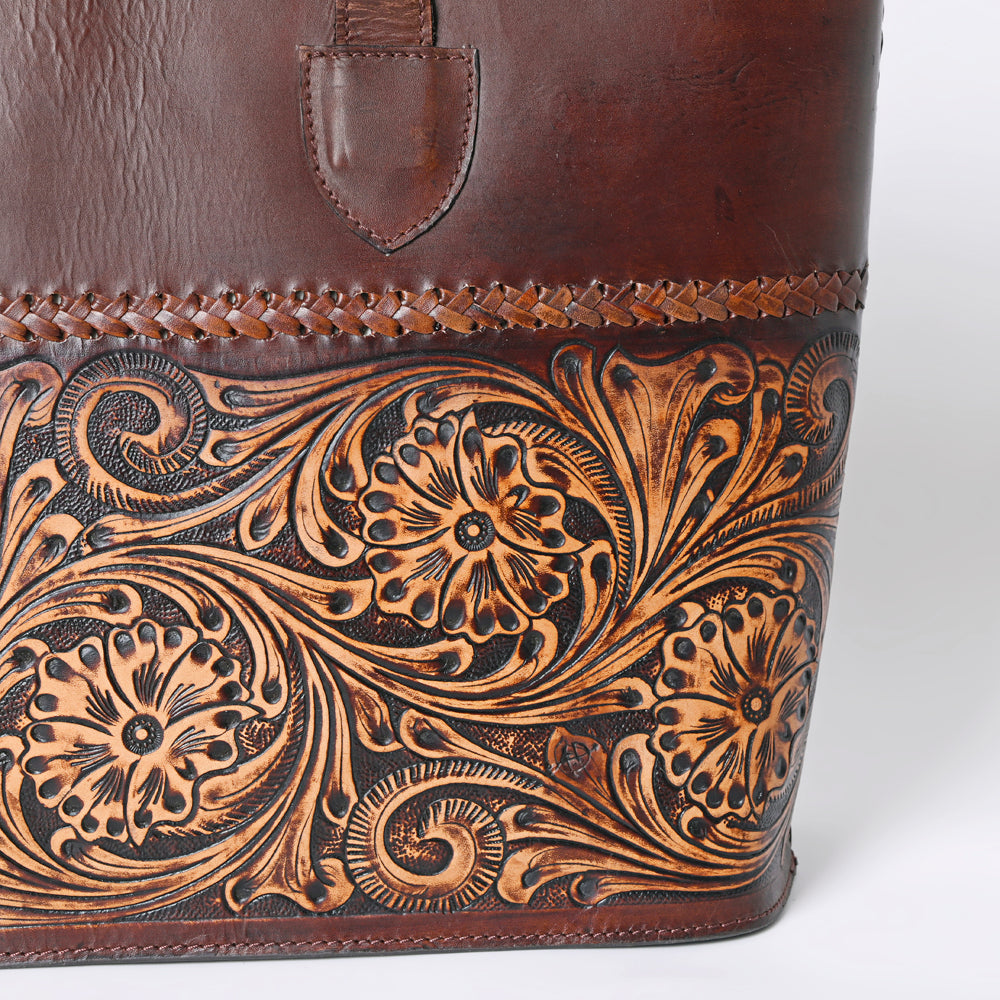 ADBGZ756 Tall Hand Tooled Leather Tote Bag - Western Floral Half-Tooled Cowgirl Purse