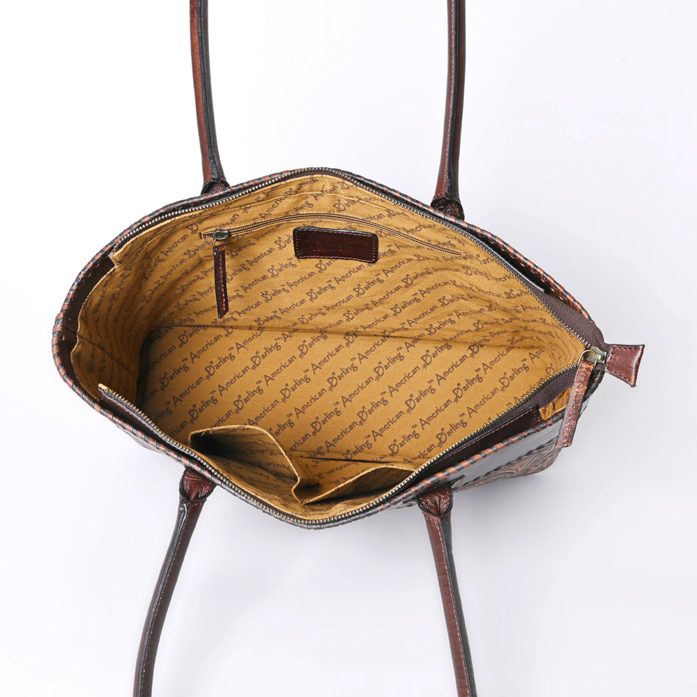 ADBGZ756 Tall Hand Tooled Leather Tote Bag - Western Floral Half-Tooled Cowgirl Purse