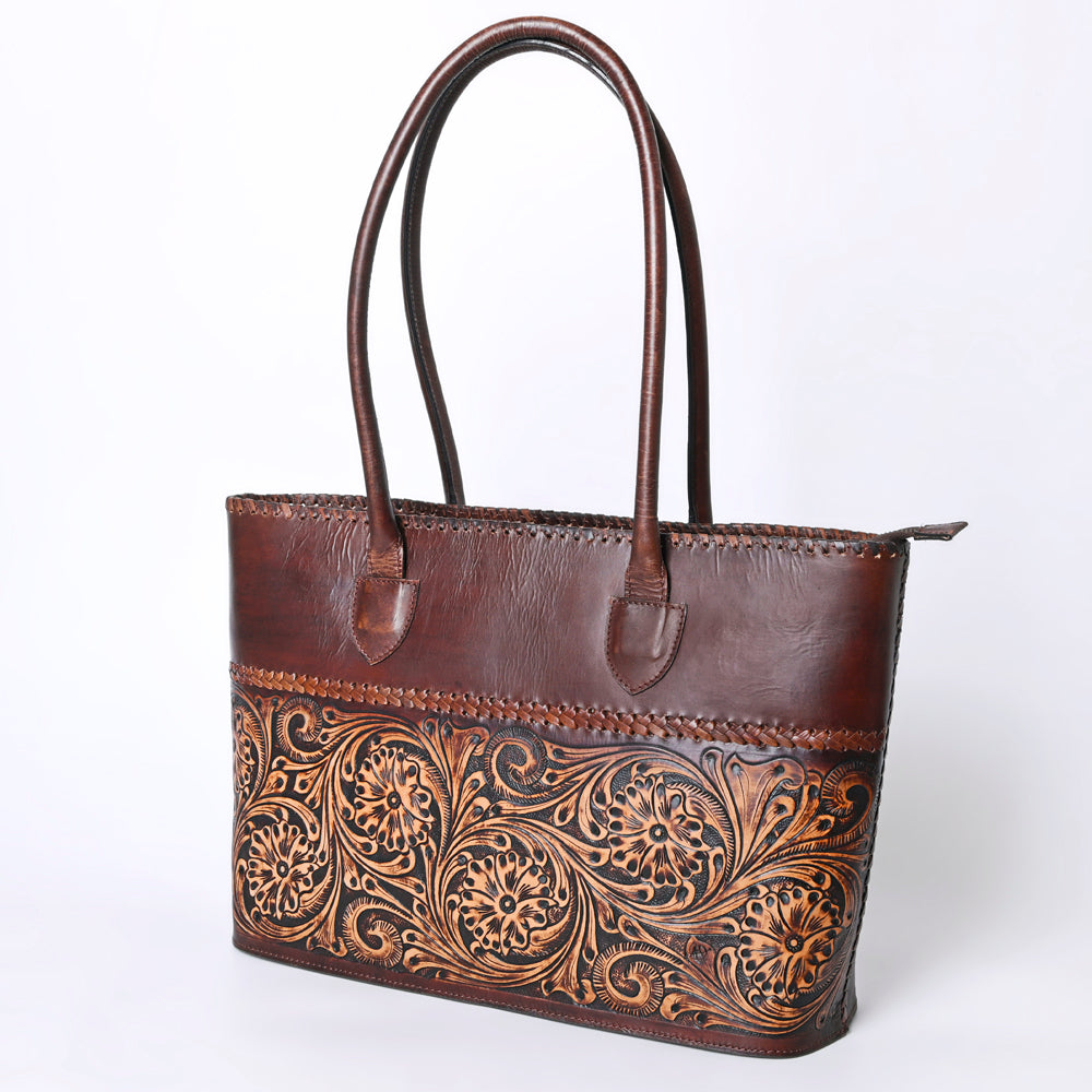 ADBGZ756 Tall Hand Tooled Leather Tote Bag - Western Floral Half-Tooled Cowgirl Purse