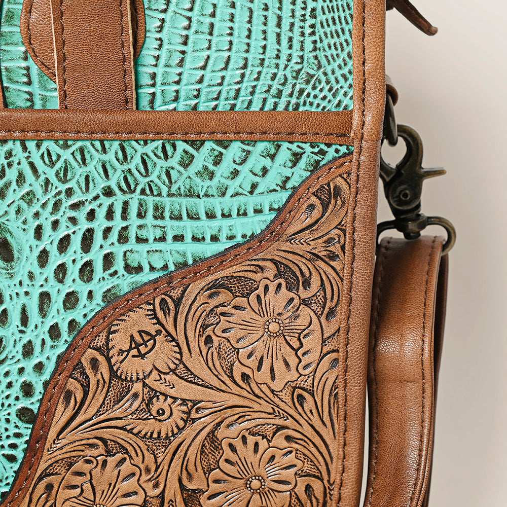 ADBG1183 American Darling Turquoise Crocdile Embossed & Hand Tooled Leather Briefcase Tote