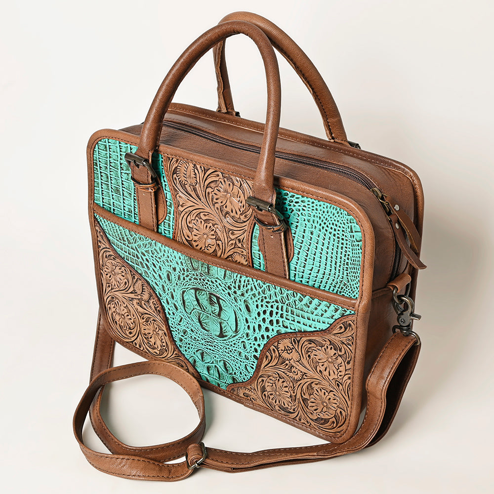 ADBG1183 American Darling Turquoise Crocdile Embossed & Hand Tooled Leather Briefcase Tote