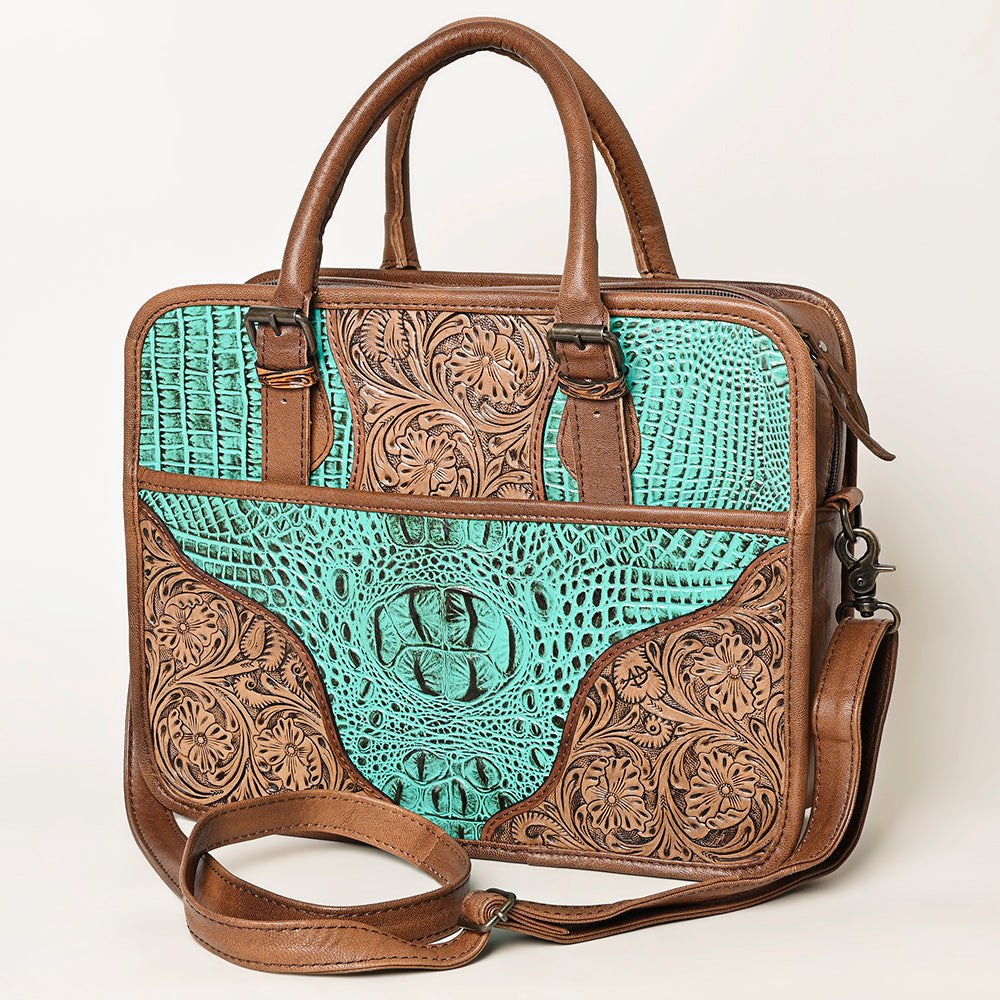 ADBG1183 American Darling Turquoise Crocdile Embossed & Hand Tooled Leather Briefcase Tote