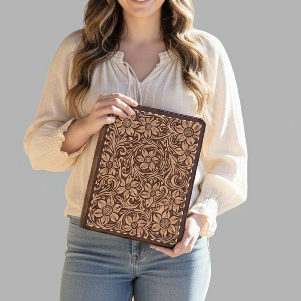 ADBG1184 American Darling Hand Tooled Leather Portfolio Bag | Floral Carved Tablet Sleeve