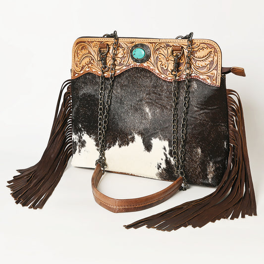 ADBG1187 American Darling Cowhide Fringe Large Crossbody -Tooled Leather & Chain Bag
