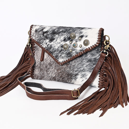 ADBGA388 Hair-On Cowhide Western Fringe Crossbody with Concho Accents