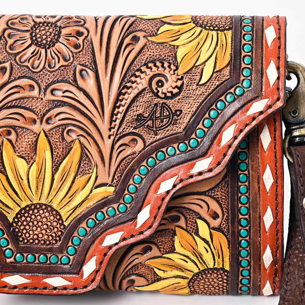 ADBGA393 Tooled Leather Wallet Bag with Turquoise Stud Trim & Floral Design
