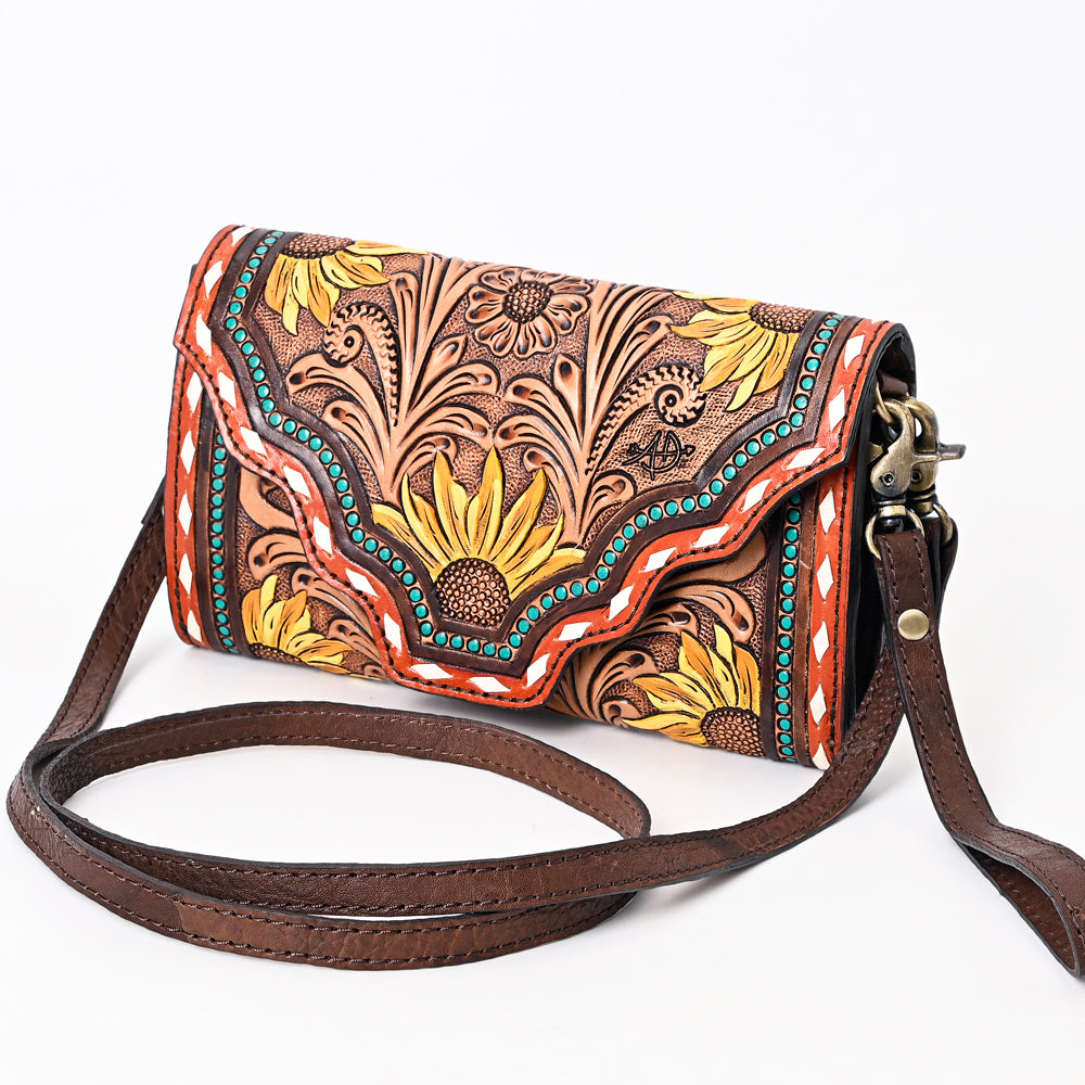 ADBGA393 Tooled Leather Wallet Bag with Turquoise Stud Trim & Floral Design