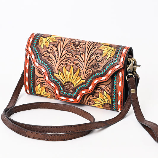 ADBGA393 Tooled Leather Wallet Bag with Turquoise Stud Trim & Floral Design