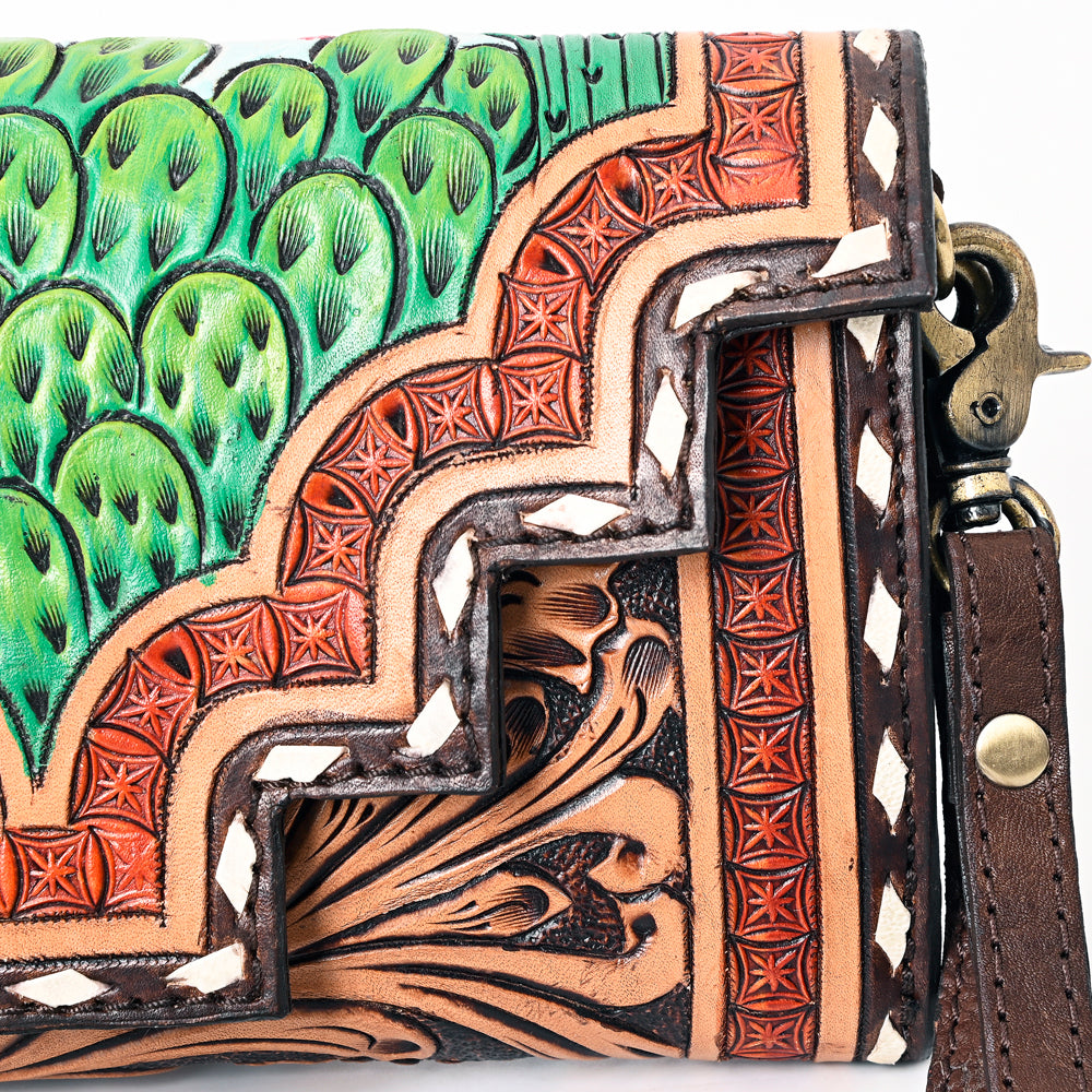 ADBGA393 Tooled Leather Wallet Bag with Turquoise Stud Trim & Floral Design