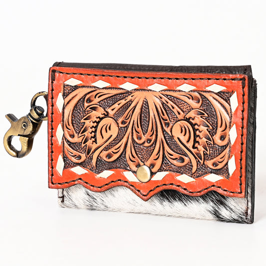 LC-ADBGA394 Hand-Tooled Leather Coin Purse with Hair-On Hide & Floral Design
