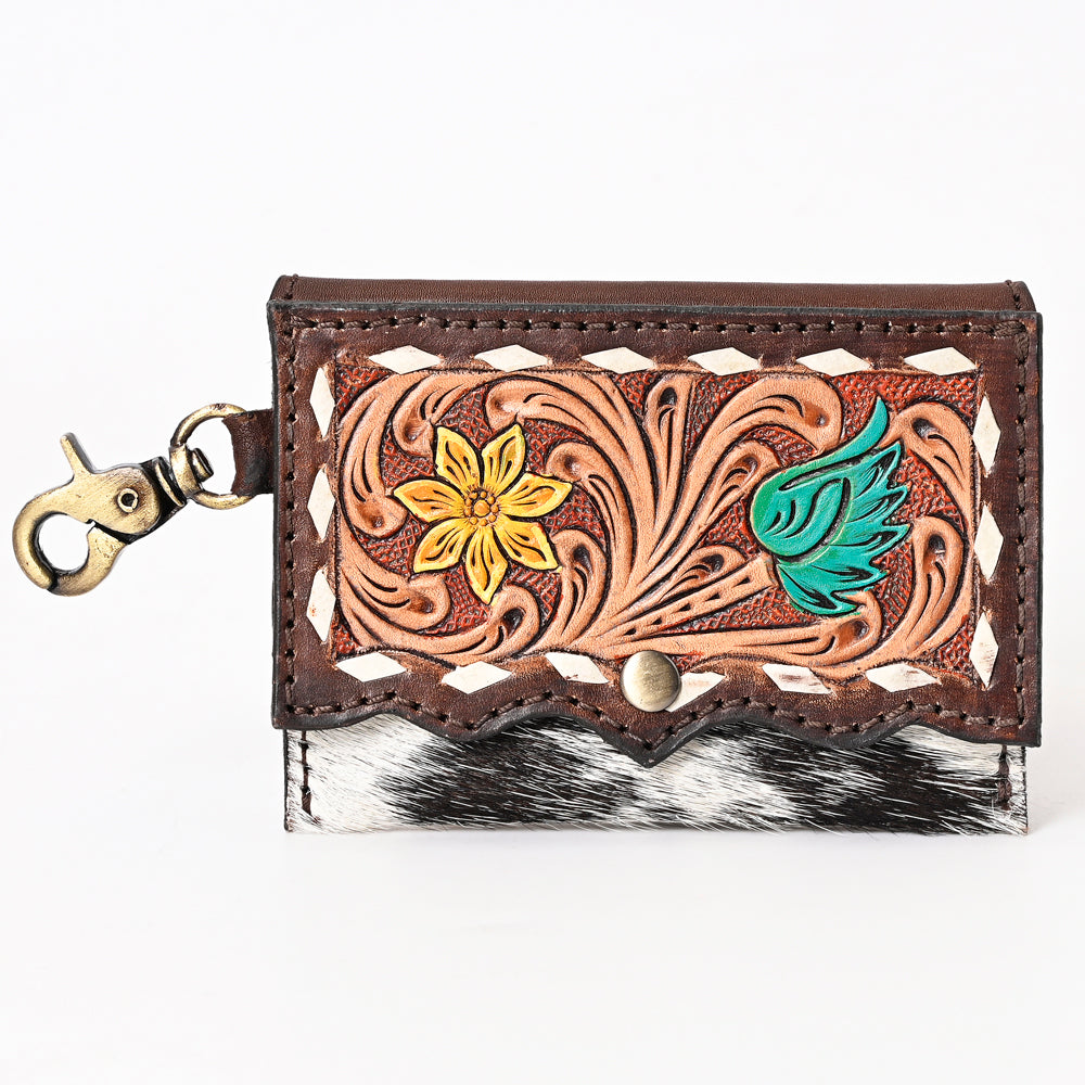 LC-ADBGA394 Hand-Tooled Leather Coin Purse with Hair-On Hide & Floral Design