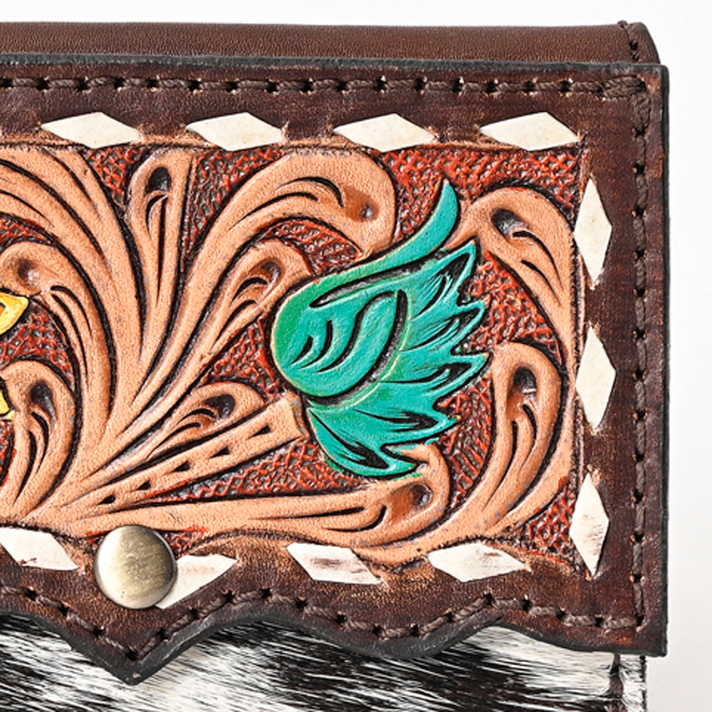 LC-ADBGA394 Hand-Tooled Leather Coin Purse with Hair-On Hide & Floral Design