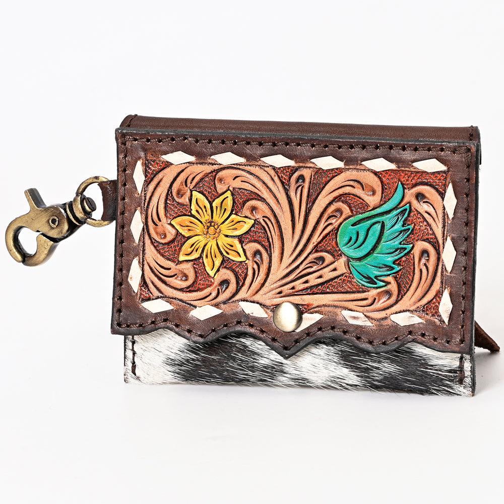 LC-ADBGA394 Hand-Tooled Leather Coin Purse with Hair-On Hide & Floral Design