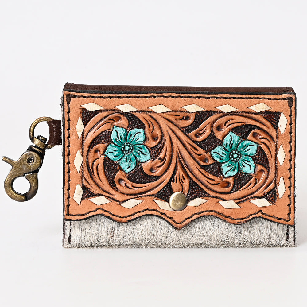 LC-ADBGA394 Hand-Tooled Leather Coin Purse with Hair-On Hide & Floral Design