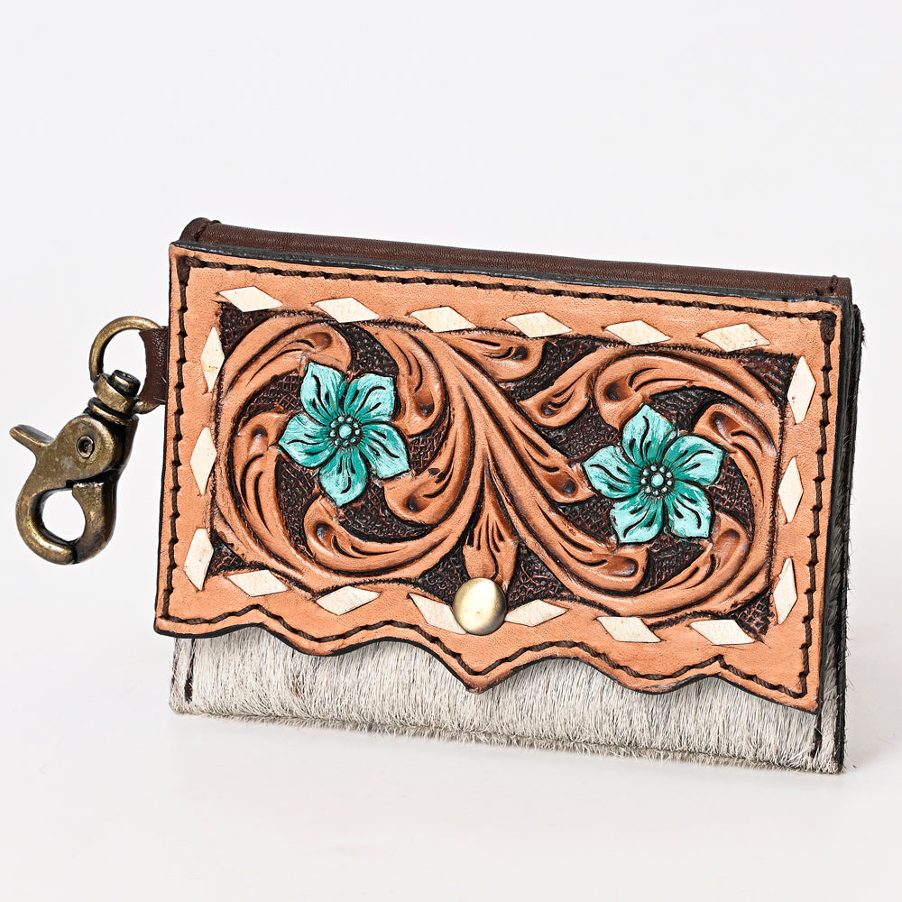 LC-ADBGA394 Hand-Tooled Leather Coin Purse with Hair-On Hide & Floral Design